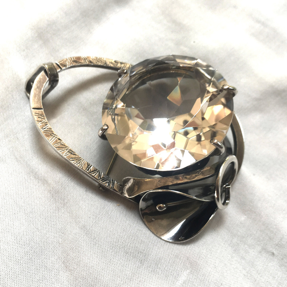 Sterling Silver Lily Estate Brooch Large Cut Glass